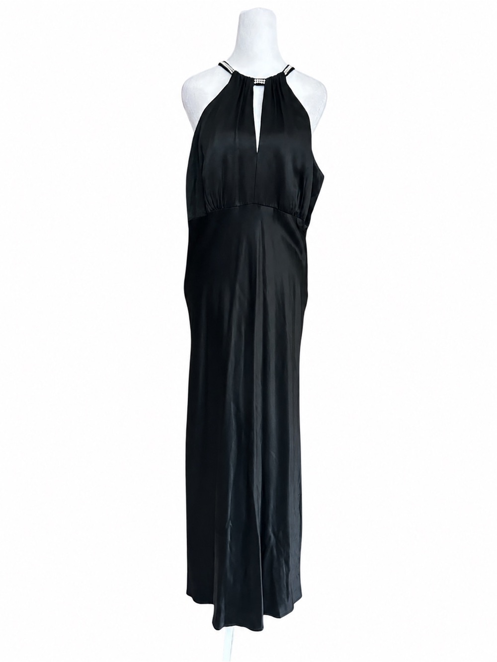 Alex Evenings‎ Vintage Sz 16 Black Satin Halter Gown Rhinestone Keyhole Maxi USA